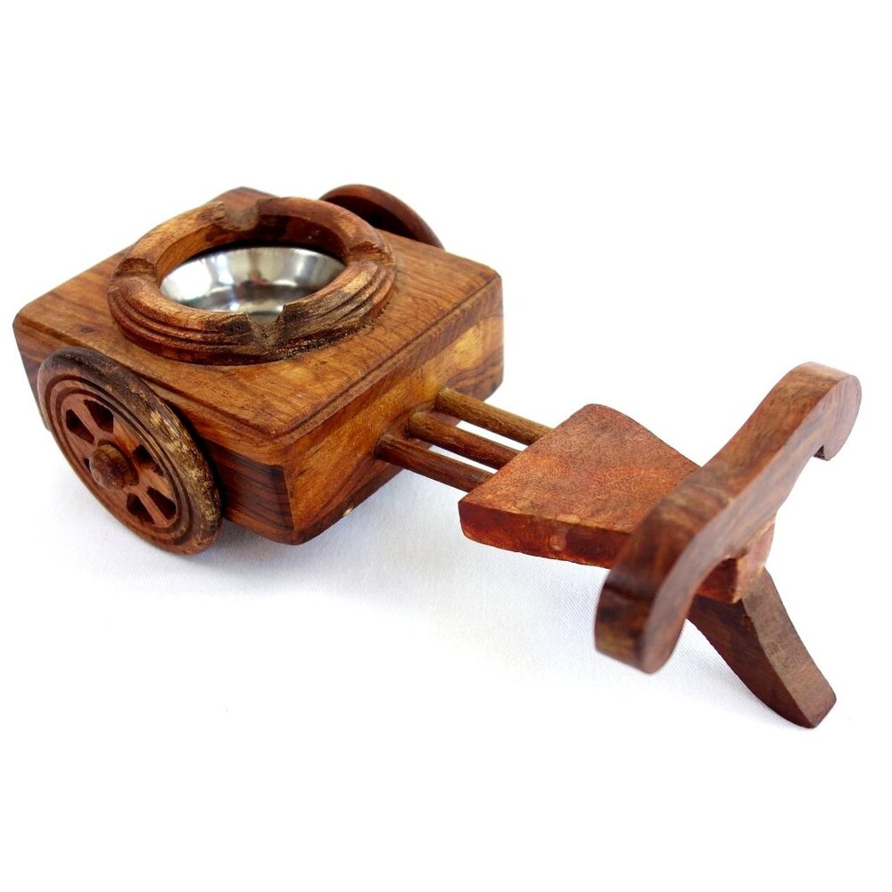 Vintage Handcrafted Small Wooden Oxen Cart Ashtray